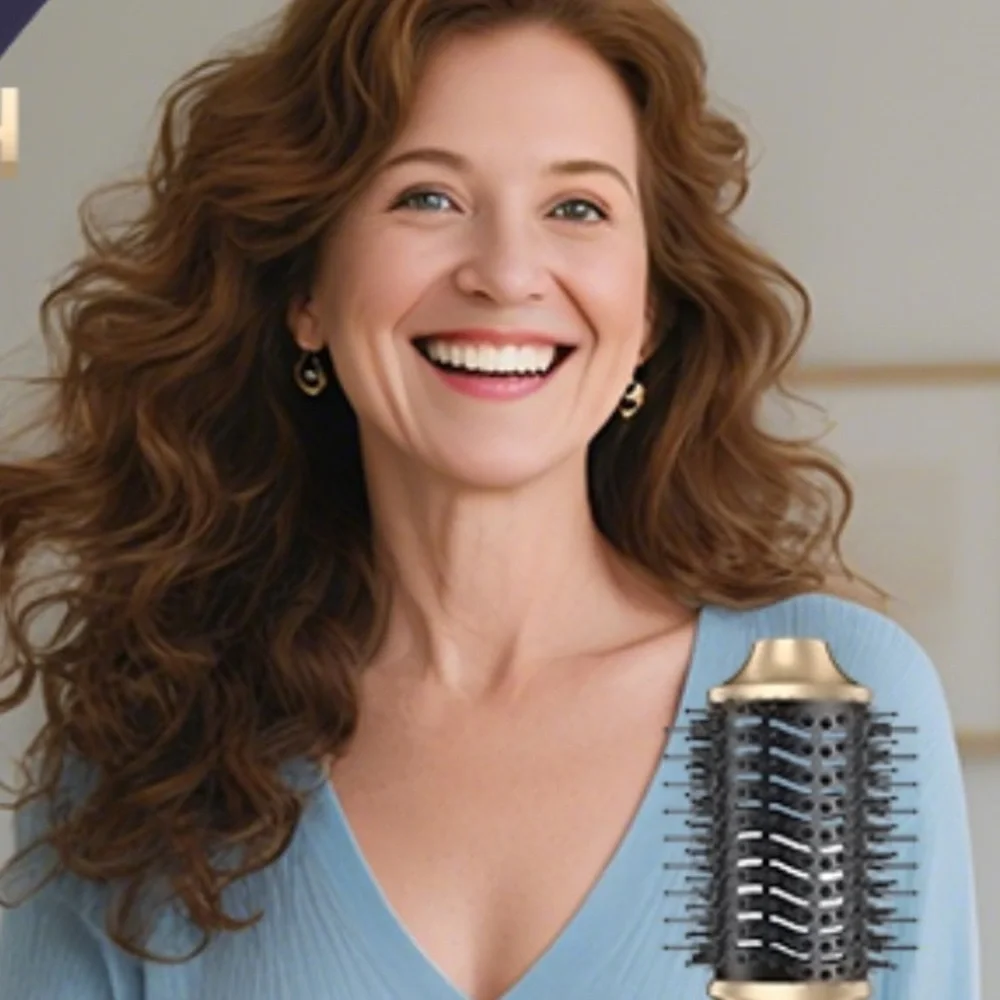 NEW! 6 in 1 Hot Air Brush & Hair Dryer with Auto Wrap Curlers Black Gold